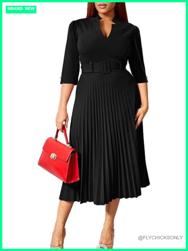 Women's V Neck Business Casual Midi Dress 3/4 Sleeves Pleated With Belt